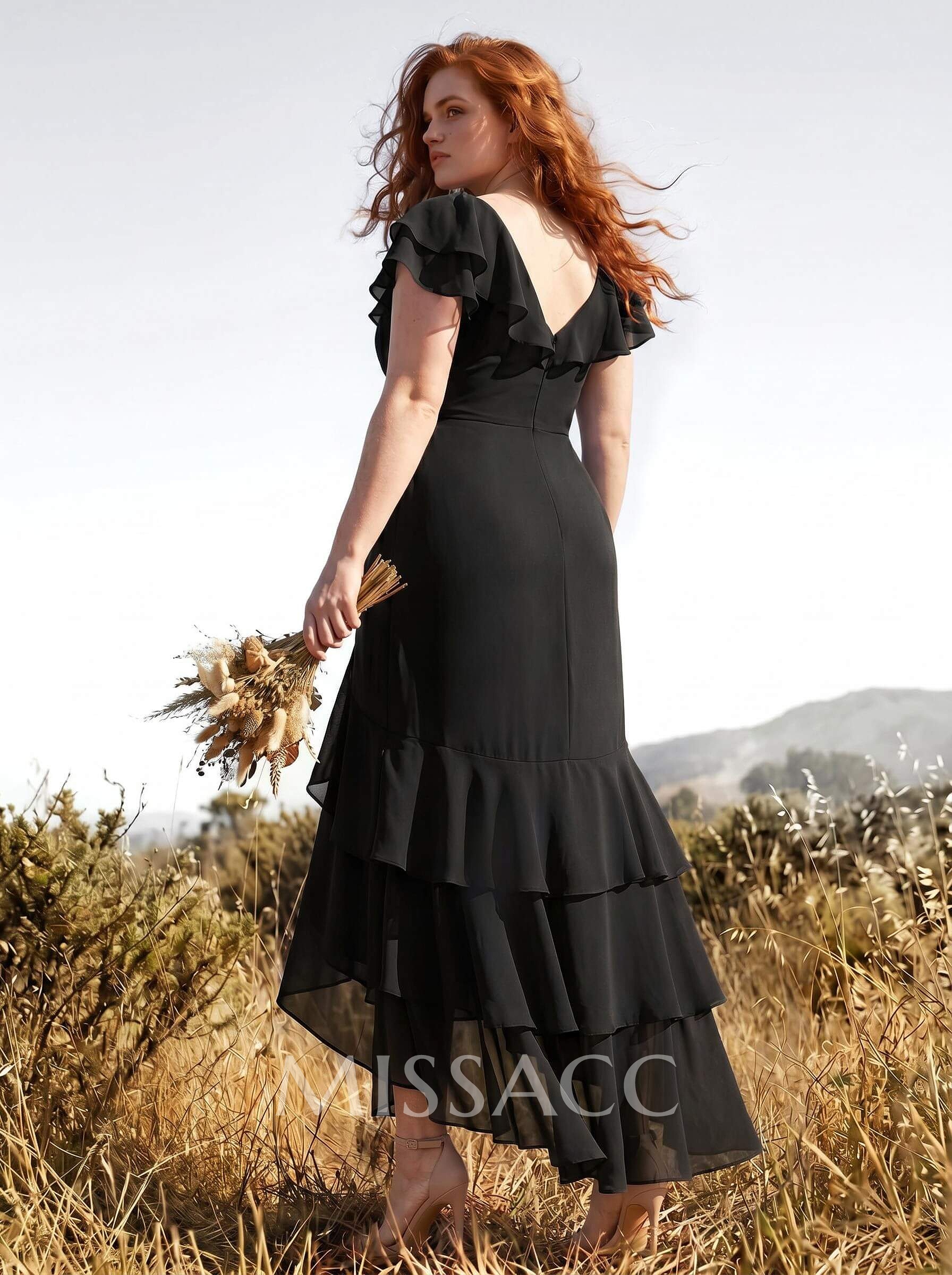 Sheath/Column V-Neck Short Sleeves Chiffon Bridesmaid Dresses With Ruffle