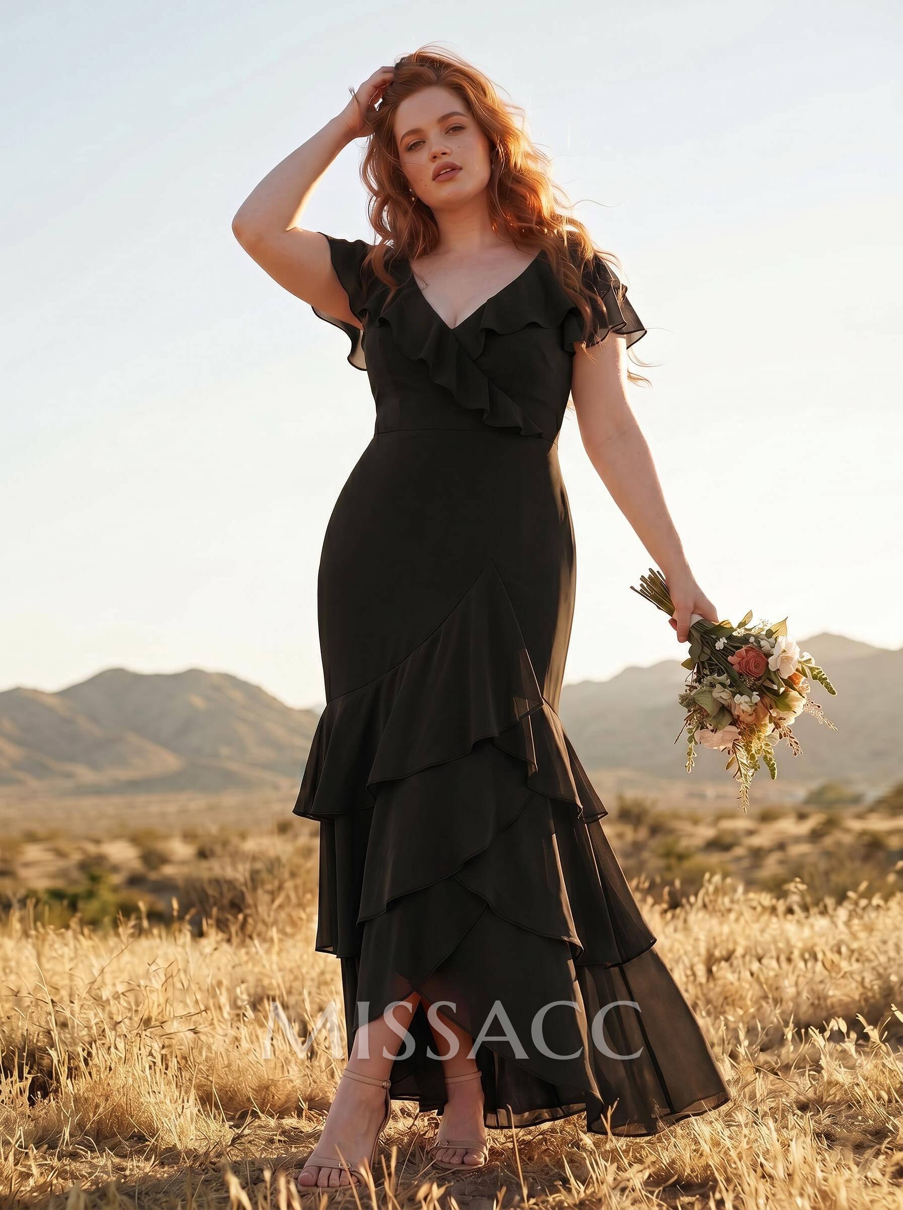 Sheath/Column V-Neck Short Sleeves Chiffon Bridesmaid Dresses With Ruffle