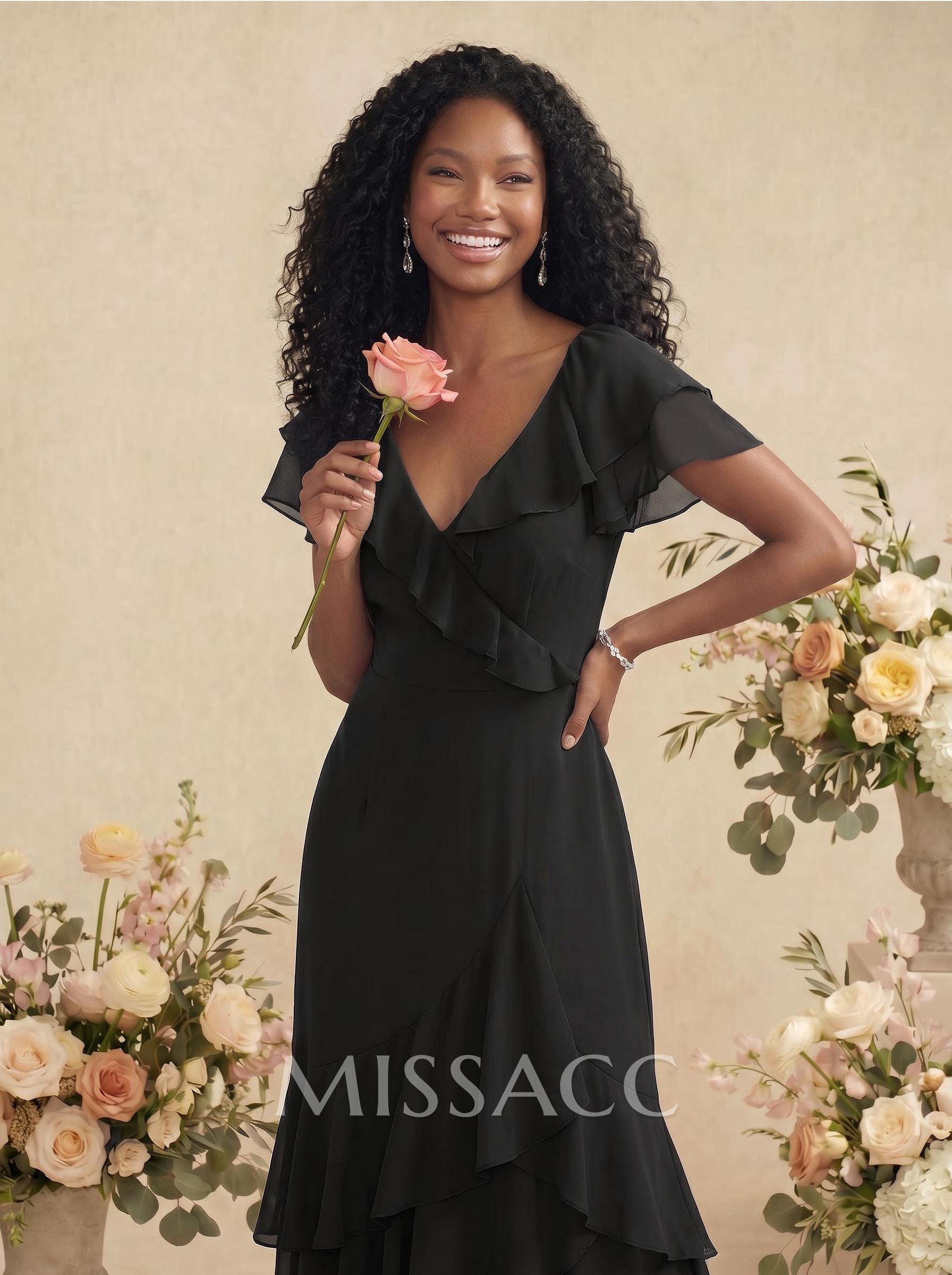 Sheath/Column V-Neck Short Sleeves Chiffon Bridesmaid Dresses With Ruffle