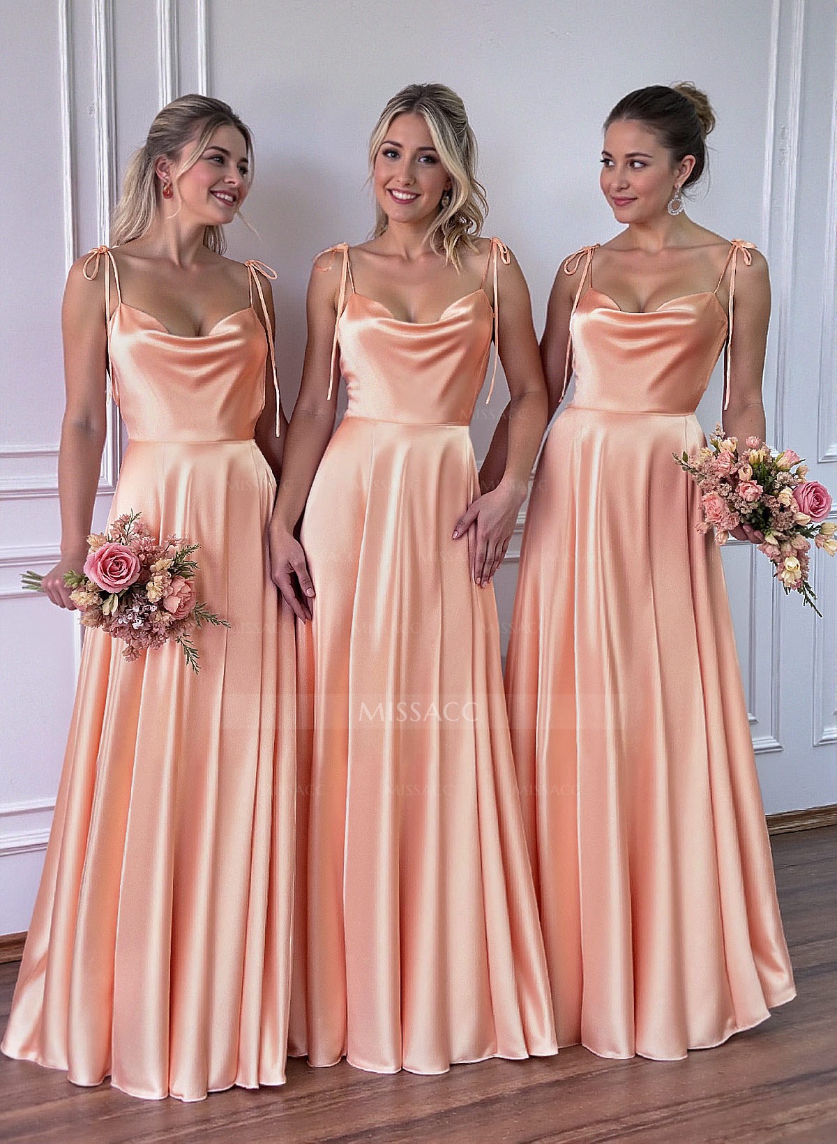 A-Line Cowl Neck Sexy Spaghetti Straps Bridesmaid Dresses With High Split