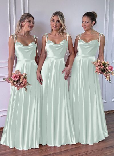 A-Line Cowl Neck Sexy Spaghetti Straps Bridesmaid Dresses With High Split
