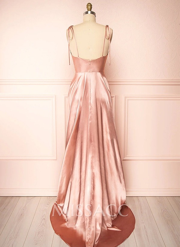 A-Line Cowl Neck Sexy Spaghetti Straps Bridesmaid Dresses With High Split A-Line Cowl Neck Sexy Spaghetti Straps Bridesmaid Dresses With High Split