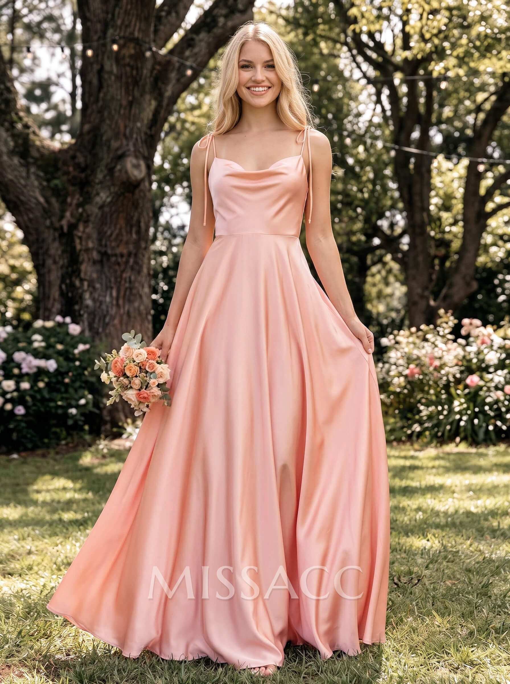 A-Line Cowl Neck Sexy Spaghetti Straps Bridesmaid Dresses With High Split A-Line Cowl Neck Sexy Spaghetti Straps Bridesmaid Dresses With High Split