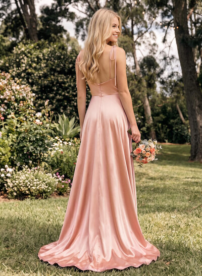 A-Line Cowl Neck Sexy Spaghetti Straps Bridesmaid Dresses With High Split