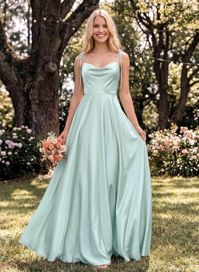 A-Line Cowl Neck Sexy Spaghetti Straps Bridesmaid Dresses With High Split