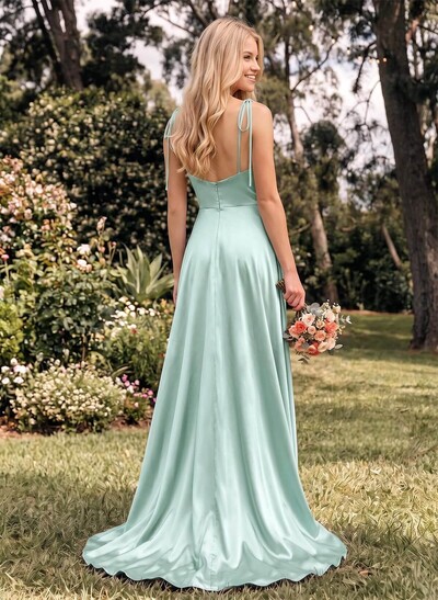 A-Line Cowl Neck Sexy Spaghetti Straps Bridesmaid Dresses With High Split