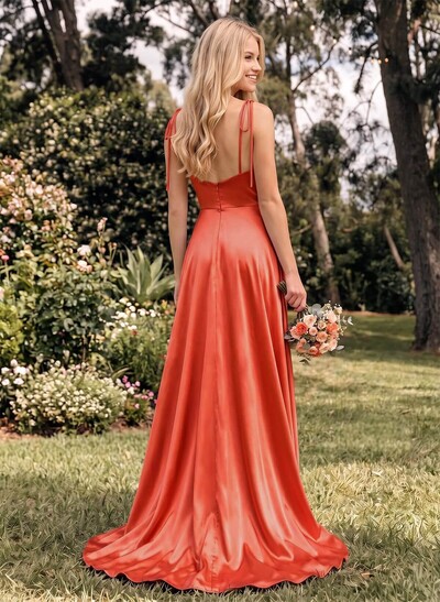 A-Line Cowl Neck Sexy Spaghetti Straps Bridesmaid Dresses With High Split
