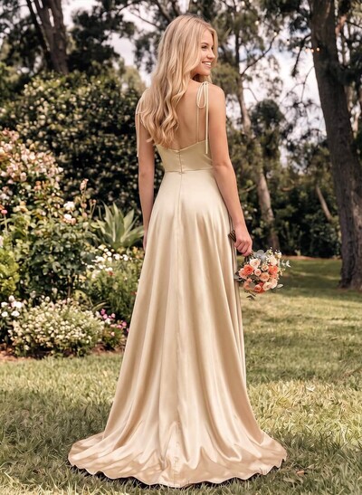A-Line Cowl Neck Sexy Spaghetti Straps Bridesmaid Dresses With High Split
