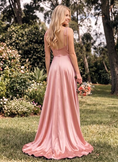 A-Line Cowl Neck Sexy Spaghetti Straps Bridesmaid Dresses With High Split
