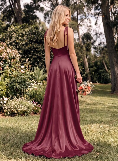 A-Line Cowl Neck Sexy Spaghetti Straps Bridesmaid Dresses With High Split