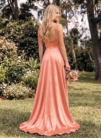 A-Line Cowl Neck Sexy Spaghetti Straps Bridesmaid Dresses With High Split