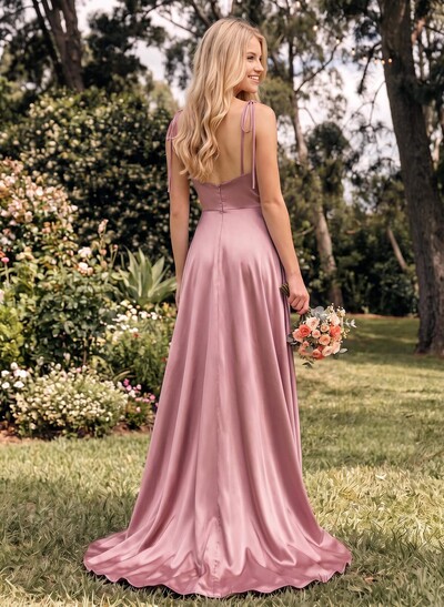 A-Line Cowl Neck Sexy Spaghetti Straps Bridesmaid Dresses With High Split