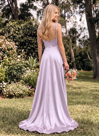 A-Line Cowl Neck Sexy Spaghetti Straps Bridesmaid Dresses With High Split