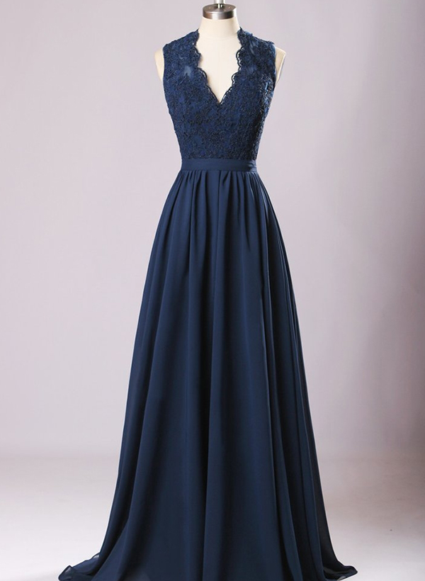 A-Line V-neck Sleeveless Chiffon Bridesmaid Dresses With Appliques Lace