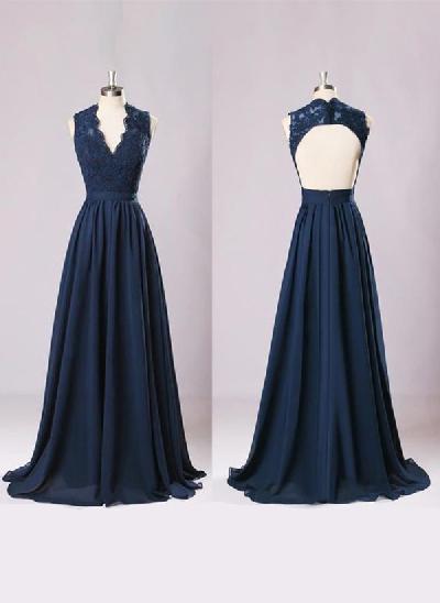 A-Line V-neck Sleeveless Chiffon Bridesmaid Dresses With Appliques Lace