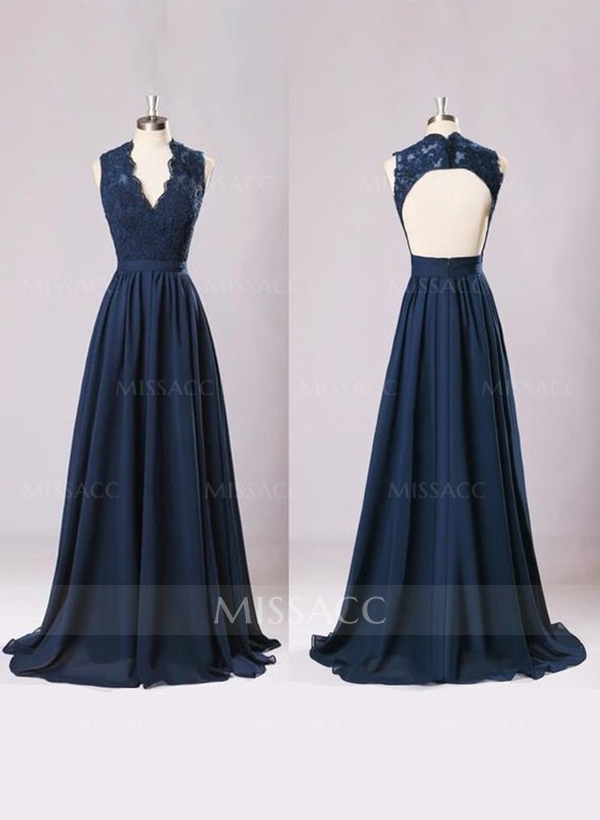 A-Line V-neck Sleeveless Chiffon Bridesmaid Dresses With Appliques Lace