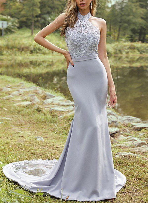 Sheath/Column Halter Sleeveless Elastic Satin Bridesmaid Dresses With Appliques Lace