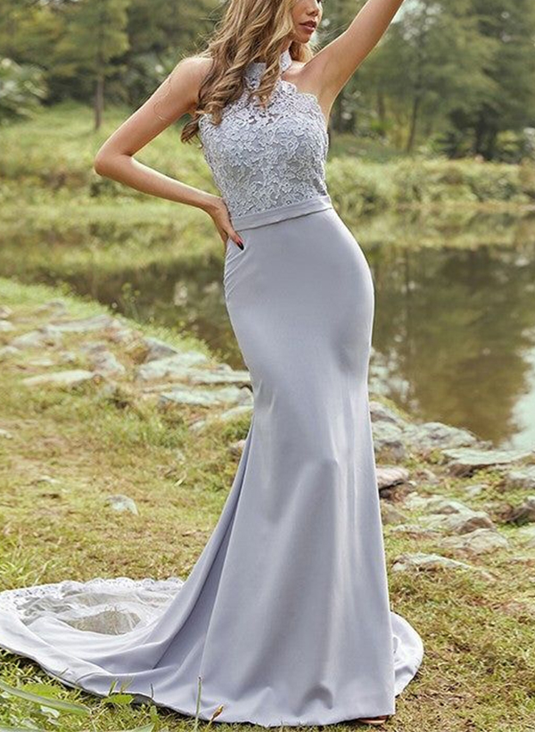 Sheath/Column Halter Sleeveless Elastic Satin Bridesmaid Dresses With Appliques Lace