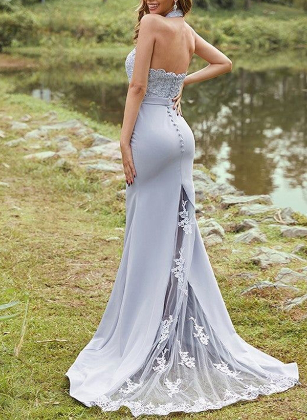 Sheath/Column Halter Sleeveless Elastic Satin Bridesmaid Dresses With Appliques Lace