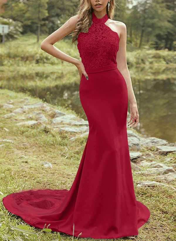 Sheath/Column Halter Sleeveless Elastic Satin Bridesmaid Dresses With Appliques Lace