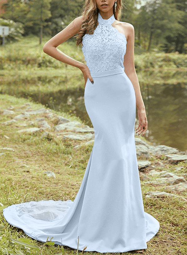 Sheath/Column Halter Sleeveless Elastic Satin Bridesmaid Dresses With Appliques Lace