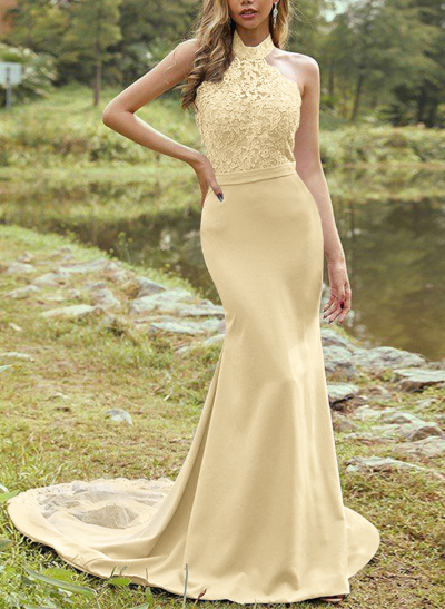Sheath/Column Halter Sleeveless Elastic Satin Bridesmaid Dresses With Appliques Lace