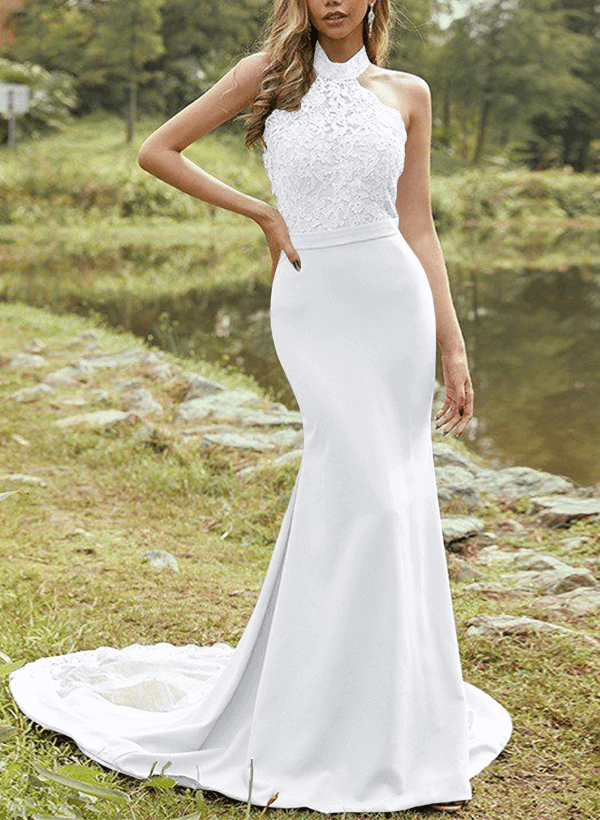 Sheath/Column Halter Sleeveless Elastic Satin Bridesmaid Dresses With Appliques Lace