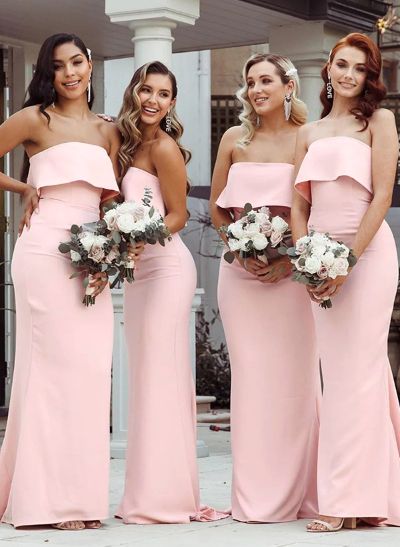 Sheath/Column Strapless Sweep Train Elegant Elastic Satin Bridesmaid Dresses