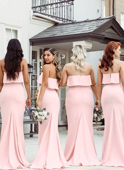 Sheath/Column Strapless Sweep Train Elegant Elastic Satin Bridesmaid Dresses