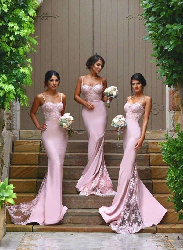 Trumpet/Mermaid Sweetheart Satin Bridesmaid Dresses With Appliques Lace