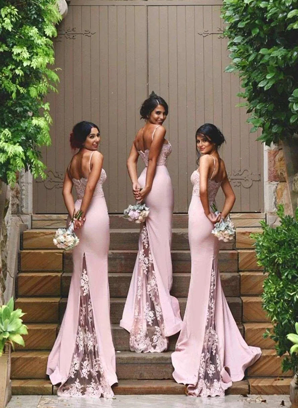 Trumpet/Mermaid Sweetheart Satin Bridesmaid Dresses With Appliques Lace