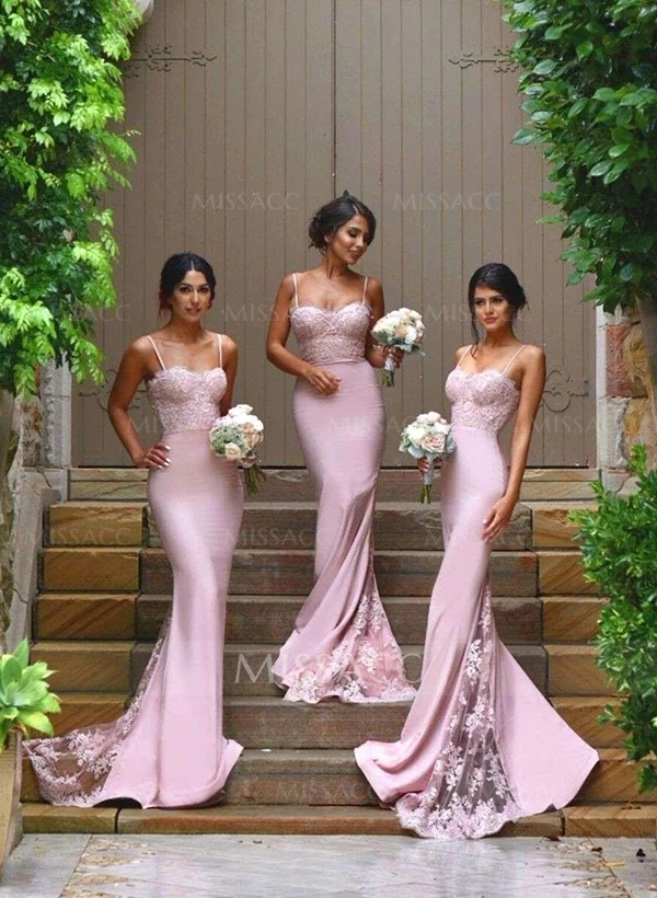 Straps Ruched Satin Black Trumpet Mermaid Bridesmaid Dress