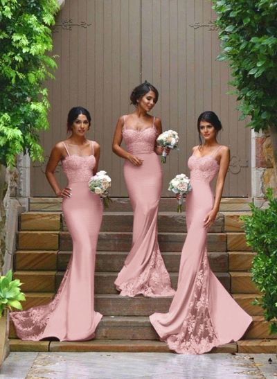 Trumpet/Mermaid Sweetheart Satin Bridesmaid Dresses With Appliques Lace