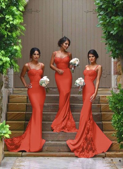 Trumpet/Mermaid Sweetheart Satin Bridesmaid Dresses With Appliques Lace