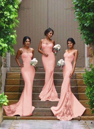 Trumpet/Mermaid Sweetheart Elastic Satin Bridesmaid Dresses With Appliques Lace