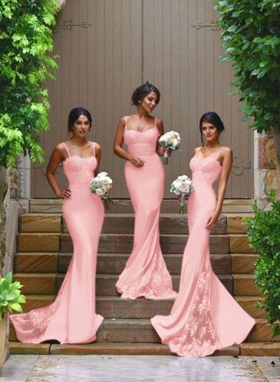 Trumpet/Mermaid Sweetheart Satin Bridesmaid Dresses With Appliques Lace