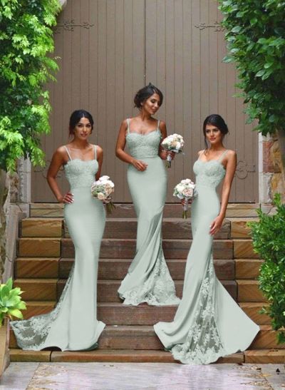 Trumpet/Mermaid Sweetheart Satin Bridesmaid Dresses With Appliques Lace