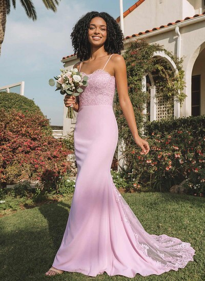 Trumpet/Mermaid Sweetheart Elastic Satin Bridesmaid Dresses With Appliques Lace