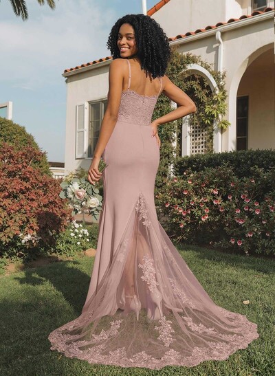 Trumpet/Mermaid Sweetheart Elastic Satin Bridesmaid Dresses With Appliques Lace