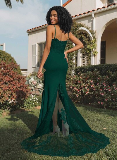Trumpet/Mermaid Sweetheart Elastic Satin Bridesmaid Dresses With Appliques Lace