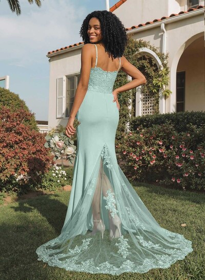 Trumpet/Mermaid Sweetheart Elastic Satin Bridesmaid Dresses With Appliques Lace