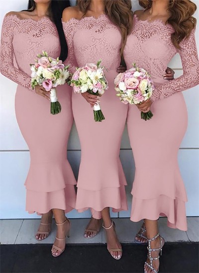 Trumpet/Mermaid Off-The-Shoulder Long Sleeves Lace/Satin Bridesmaid Dresses