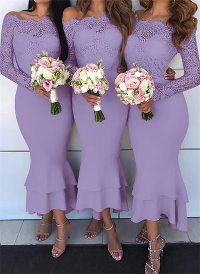 Trumpet/Mermaid Off-The-Shoulder Long Sleeves Lace/Satin Bridesmaid Dresses