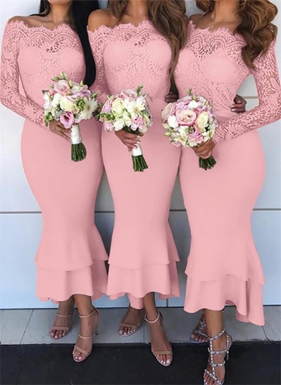 Trumpet/Mermaid Off-The-Shoulder Long Sleeves Lace/Satin Bridesmaid Dresses