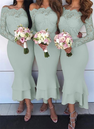 Trumpet/Mermaid Off-The-Shoulder Long Sleeves Lace/Satin Bridesmaid Dresses