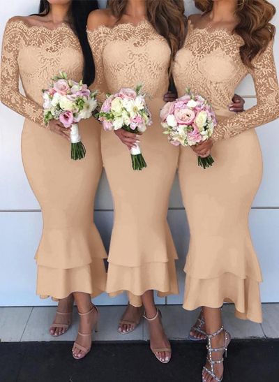 Trumpet/Mermaid Off-The-Shoulder Long Sleeves Lace/Satin Bridesmaid Dresses