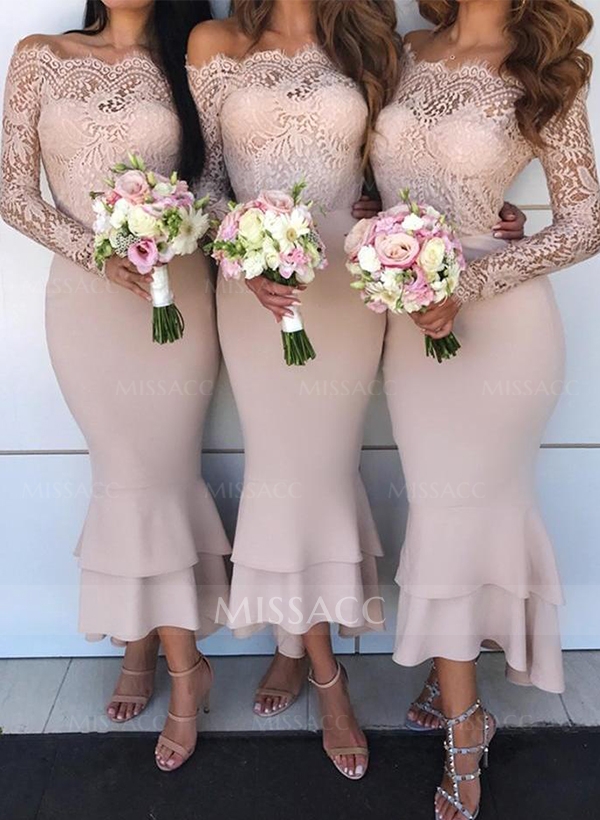 Trumpet/Mermaid Off-The-Shoulder Long Sleeves Lace/Satin Bridesmaid Dresses