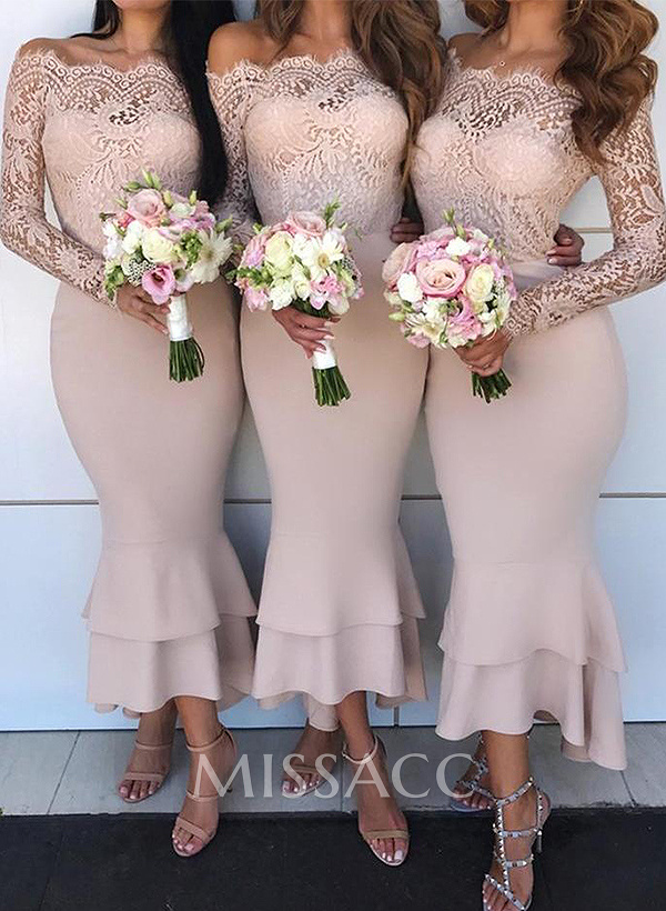 Trumpet/Mermaid Off-The-Shoulder Long Sleeves Lace/Satin Bridesmaid Dresses