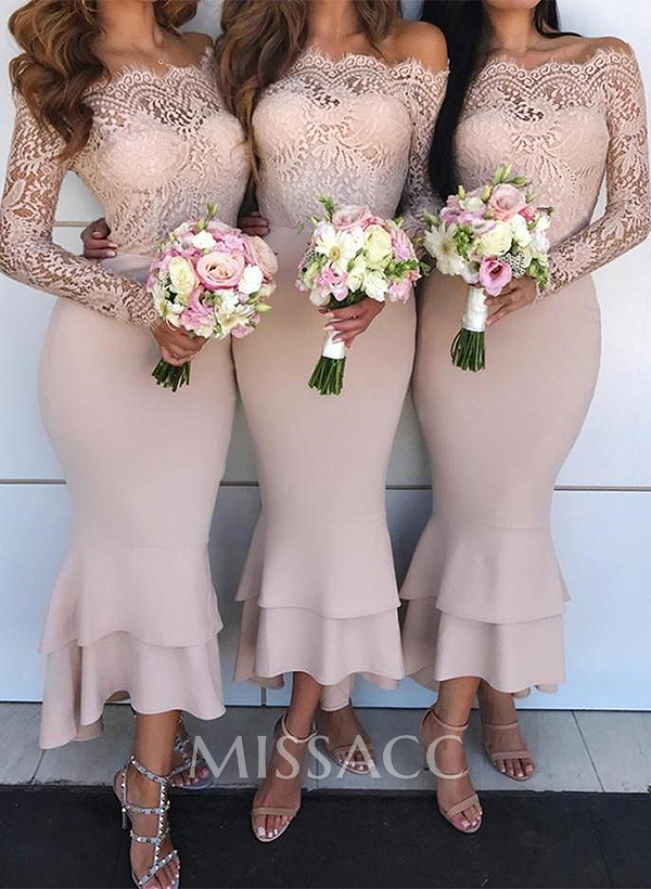 Trumpet/Mermaid Off-The-Shoulder Long Sleeves Lace/Satin Bridesmaid Dresses