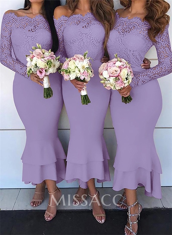 Trumpet/Mermaid Off-The-Shoulder Long Sleeves Lace/Satin Bridesmaid Dresses